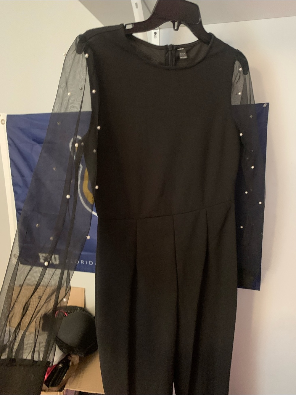 Black Jumpsuit with Pearl-Embellished Sheer Sleeves